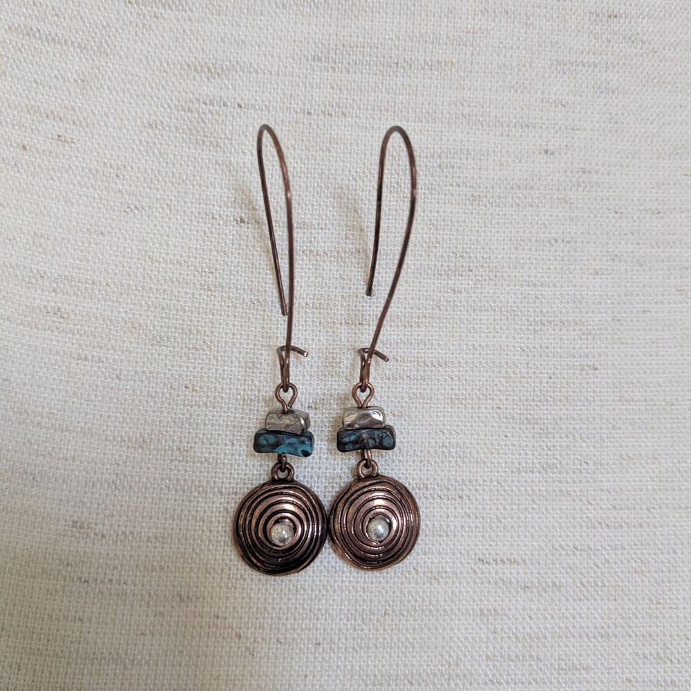 Boho Spiral Drop Earrings with Blue Stone Accents